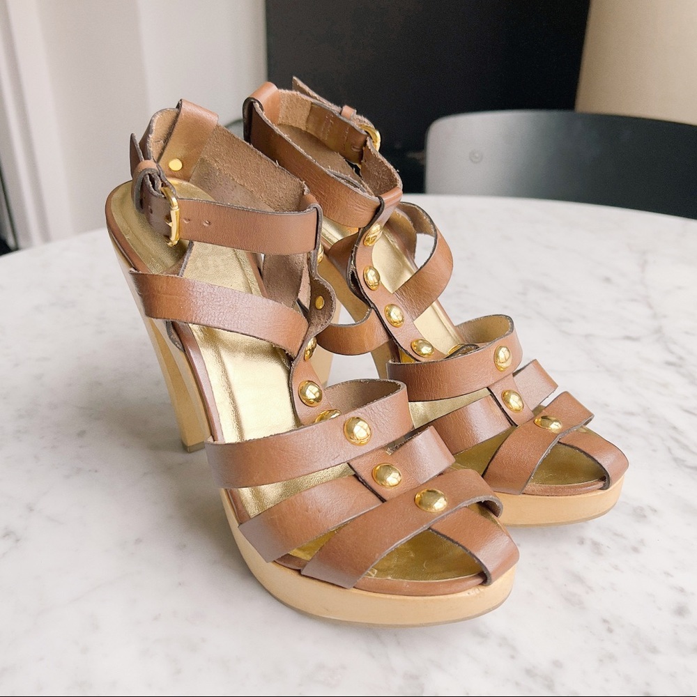 Michael by Michael Kors NWOT High Heel Platform Sandals Brown Leather Studded